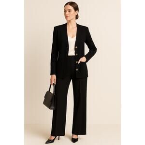 St. John Caviar Black Santana Knit V-Neck Cardigan Shell Gold Buttons XL Classic